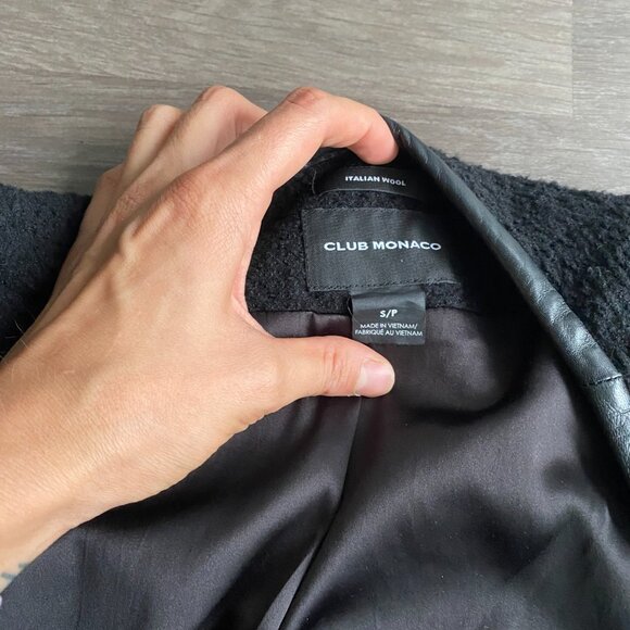 Club Monaco Black Italian Wool Bracelet-Sleeve Coat with Lamb Leather Trim - Picture 2 of 13